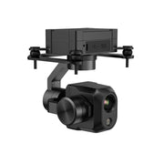 A black 3D-printed drone gimbal mount with a camera housing and a rectangular battery pack on top, shown against a solid white background.