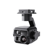 A black 3D-rendered industrial camera or sensor module with a mounting bracket and top connector, shown on a plain white background.