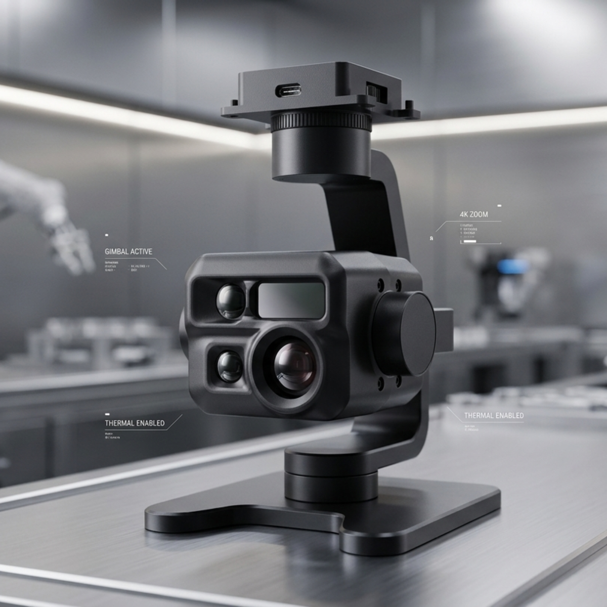 A black multi-lens camera or thermal inspection device mounted on a stand, shown in a blurred industrial or laboratory setting with overlaid feature labels such as 'GIMBAL ACTIVE', 'AI ZOOM', and 'THERMAL ENABLED'.