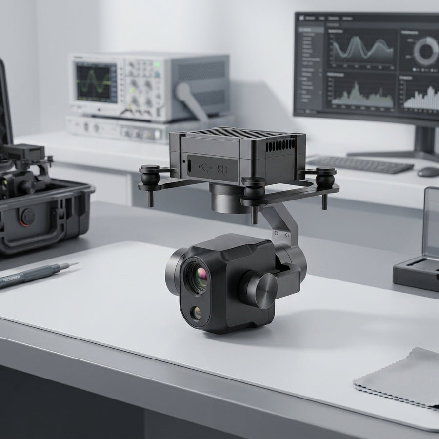 A black and dark gray drone-mounted camera gimbal and recording box are displayed on a white desk in a high-tech lab setting with computer monitors, an oscilloscope, and a hard case in the background.