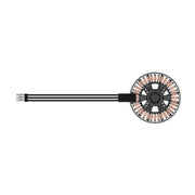 A circular electric motor stator with copper-colored windings and a black central hub, connected to a long black three-wire lead assembly on a plain white background.