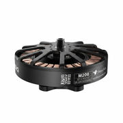 A black brushed motor for drones, featuring copper windings inside a black metal frame, with printed specifications and a QR code on the side.