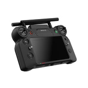 A black Wovo handheld remote control with a large screen, dual joysticks, and a top-mounted antenna, shown on a plain white background.